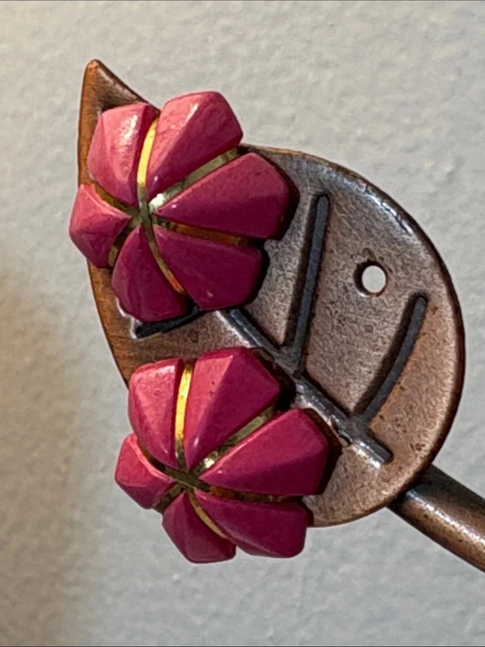 Pink Flower Plastic and Gold Tone Earrings